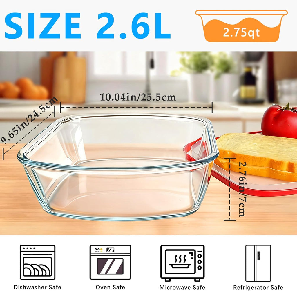 Skiennix Glass Baking Dish - 2.75Qt Square 9x9 Pan With Lid & Non-Slip Mitts | Oven Safe