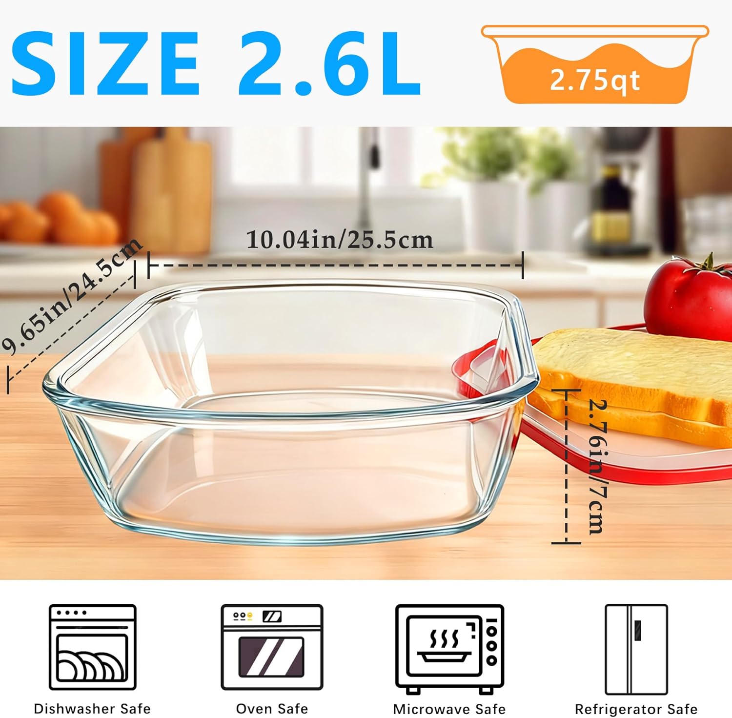 Skiennix Glass Baking Dish - 2.75Qt Square 9x9 Pan With Lid & Non-Slip Mitts | Oven Safe