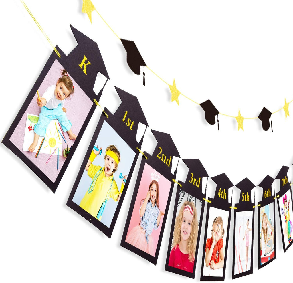 Whaline Graduation Photo Banner - No DIY Required | Black Gold Glitter Bunting for K-12 Decor, 5 x 7 Inch