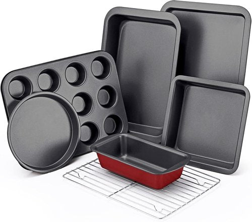 KITESSENSU Nonstick Baking Pans Set - 7-Piece Bakeware Collection with Cake, Loaf, Muffin, and Cookie Pans | Pink
