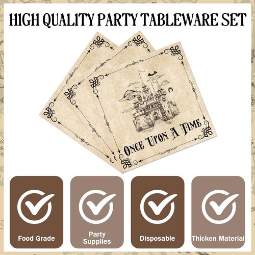 VorkiVecKi Fairytale Plates Party Decorations - 96 Pcs Once Upon a Time Tableware Paper Plate Set Napkins Forks Disposable, Floral Medieval Castle Party Supplies Decor for Birthday Wedding Serve 24