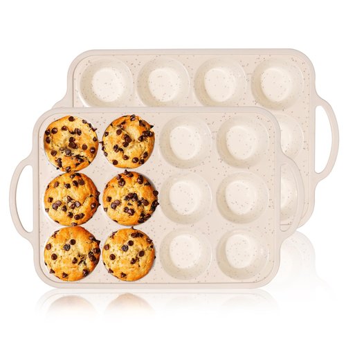 iArtker Silicone Muffin Pan, 12 Cups Muffin Tin Baking Mold With Reinforced Stainless Steel Frame Inside, Nonstick Bakeware Cupcake Pan BPA Free, 2PCS