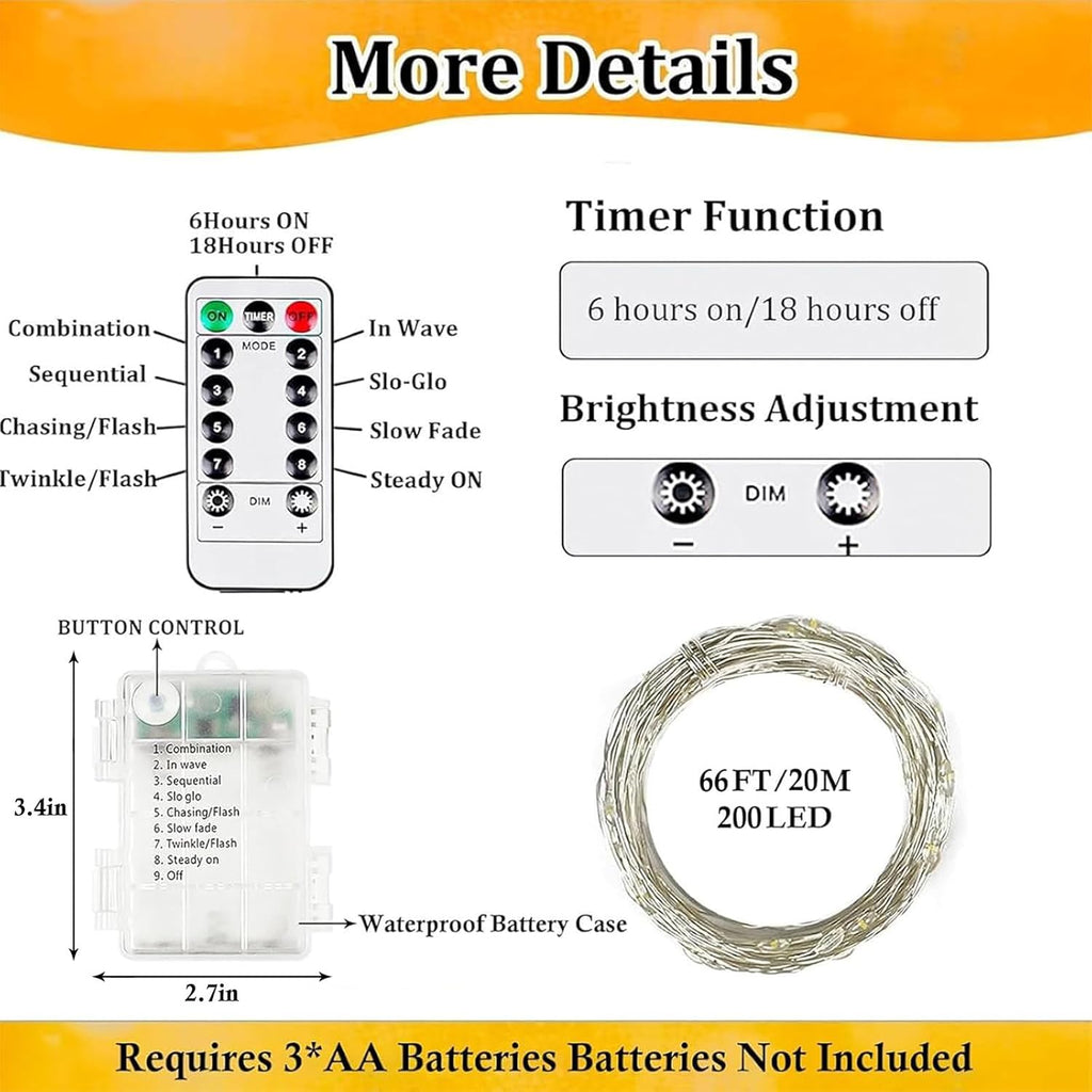 Skiennix 2-Pack Battery Operated Fairy Lights - 66FT Waterproof 200 LED String Lights | 8 Modes with Timer for Indoor/Outdoor Decor (Warm White)