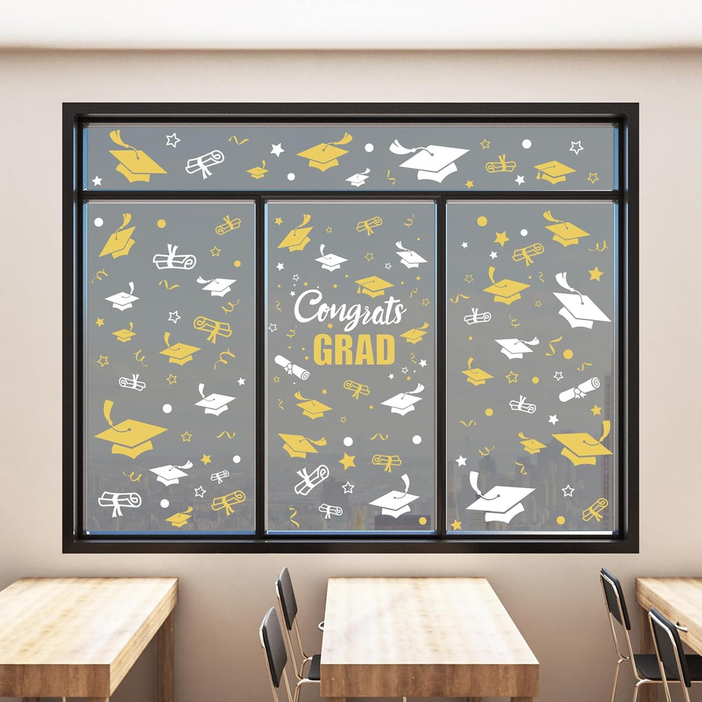 Whaline Graduation Window Clings - 236 Pcs Double-Sided White & Gold Cap & Diploma Decor | Perfect for College Seniors