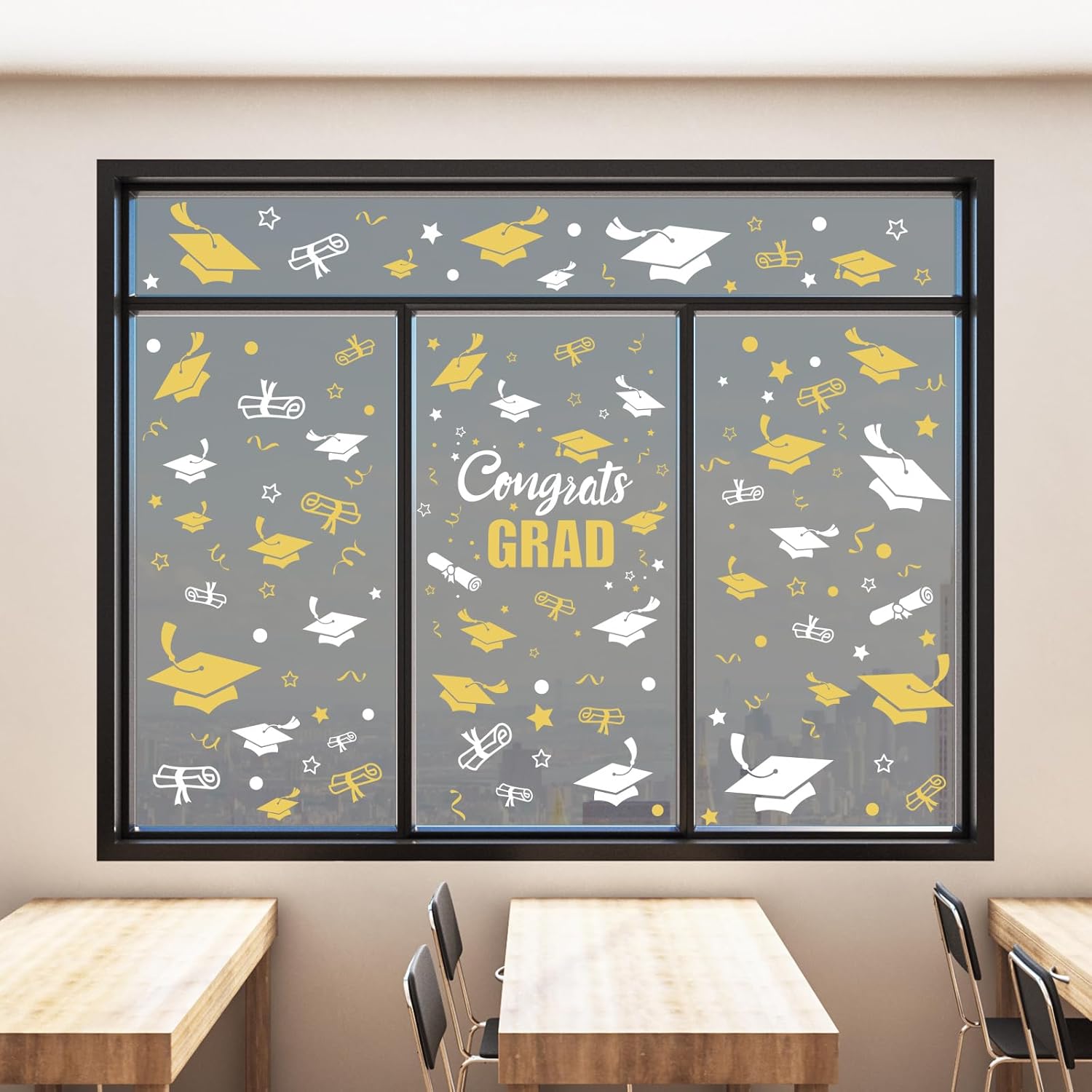 Whaline Graduation Window Clings - 236 Pcs Double-Sided White & Gold Cap & Diploma Decor | Perfect for College Seniors