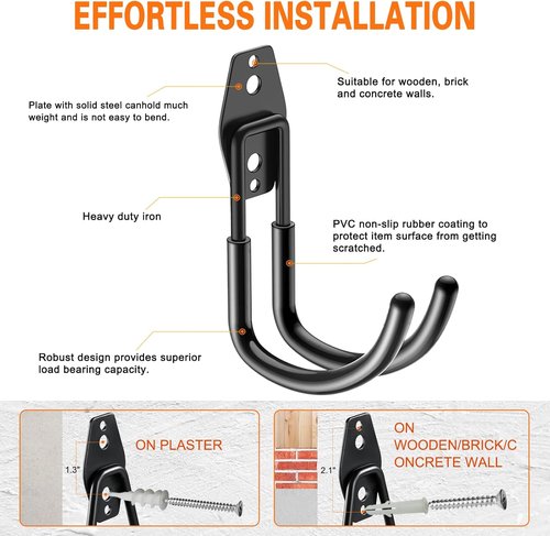 HUPBIPY Heavy Duty Garage Hooks - J Shaped Wall Mounted Tool Organizer | 4 Pack for Ladders, Bikes, and More
