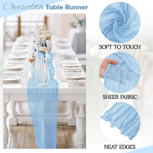 Aktor 4 Pack Light Blue Table Runner Boho Cheesecloth Table Runner Semi Sheer Gauze Fabric Runners for Wedding Birthday Baby Shower Party Boho Table Decoration（Light Blue）