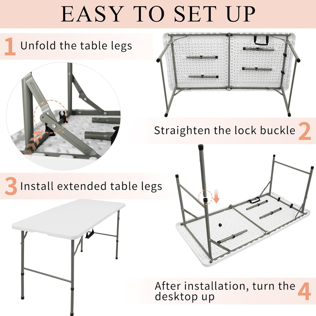 Skiennix Folding Table - Lightweight Portable Rectangular Design with Carrying Handle | 4 FT, White for Indoor/Outdoor Use
