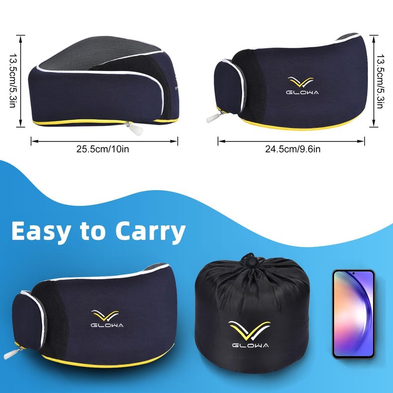 Glowa 2.0 Travel Neck Pillow, Ergonomic Chin Support for Airplane & Car, Breathable & Washable Cover, Lightweight Compact for Travel。(Navy Blue)
