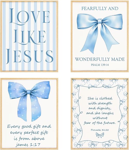 BRRNYOI Coquette Blue Bow Wall Art Set - Bible Verse Decor for Girls' Room | 8x10 Unframed Canvas Prints