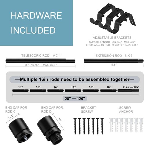 Byondeth Curtain Rods - Adjustable 16 to 120 Inches | 1 Inch Diameter | Black with Aluminium Finials
