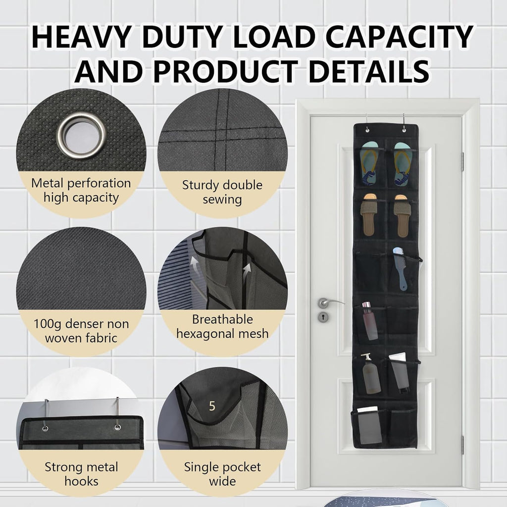 Over The Door Shoe Organizer - 12 Mesh Pockets With 4 Metal Hooks | Space-Saving Black Design