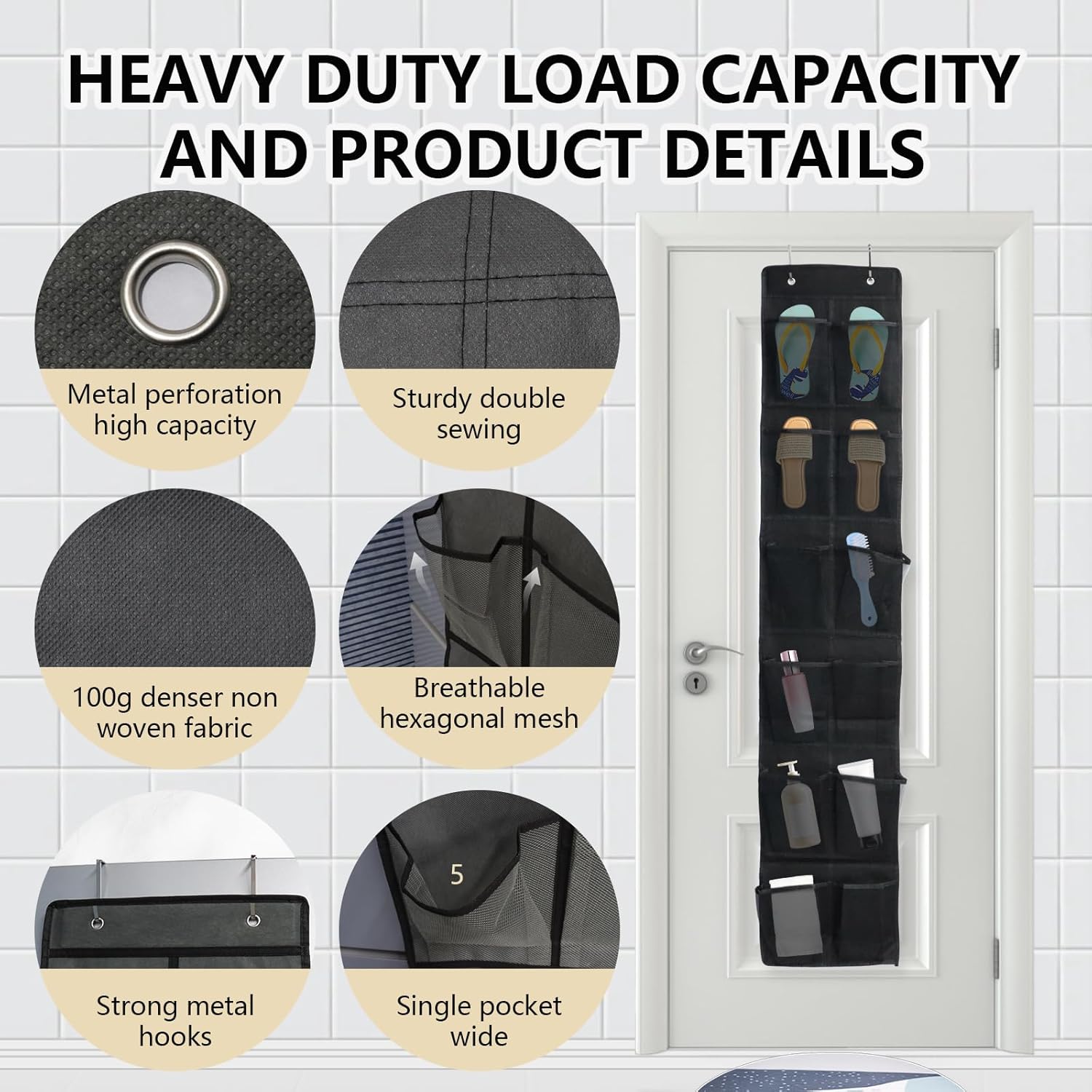 Over The Door Shoe Organizer - 12 Mesh Pockets With 4 Metal Hooks | Space-Saving Black Design