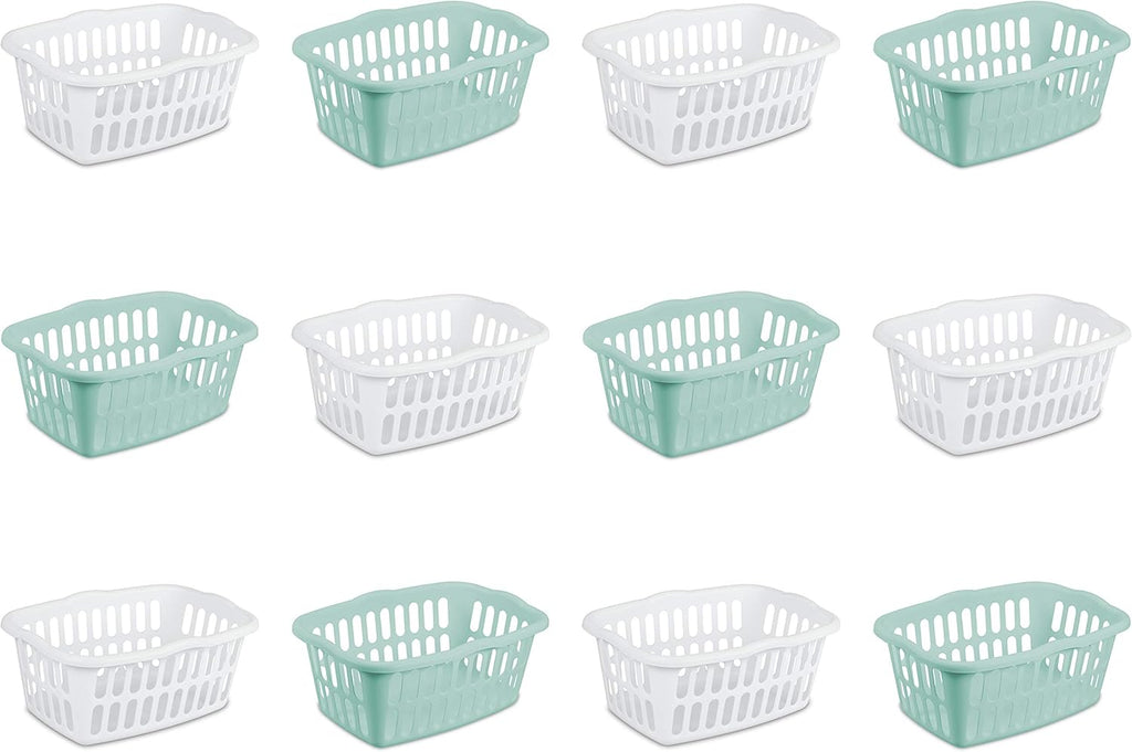 Sterilite Laundry Basket - 1.5 Bushel Rectangular Design for Easy Carrying - White & Aqua, 12-Pack