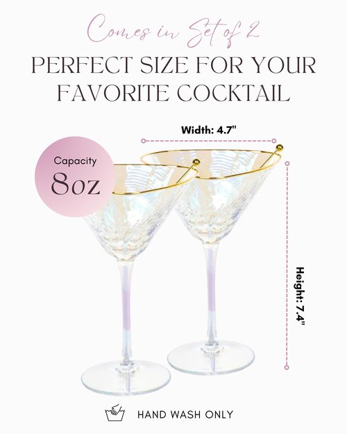 Sisterly Drinkware Iridescent Hammered Martini Glasses Set of 2 – Handmade Gold Rim Cocktail Glasses with 2 Gold-Plated Picks & 2 Coasters – 8 oz Elegant Barware for Martinis, Cocktails & Mocktails