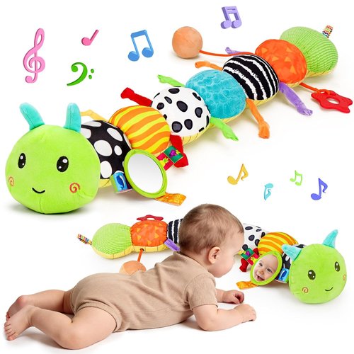 Baby Sensory Toy - Plush Caterpillar Music Toy with Mirror & Crinkle Rattle for Infants 0-6 Months