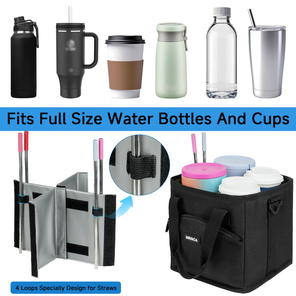 MRINCA Drink Carrier with Handle, 4 Cup Insulated & Leakproof Tote - Portable Reusable Cup Holder for Delivery Drivers, Car Travel, Family Outings