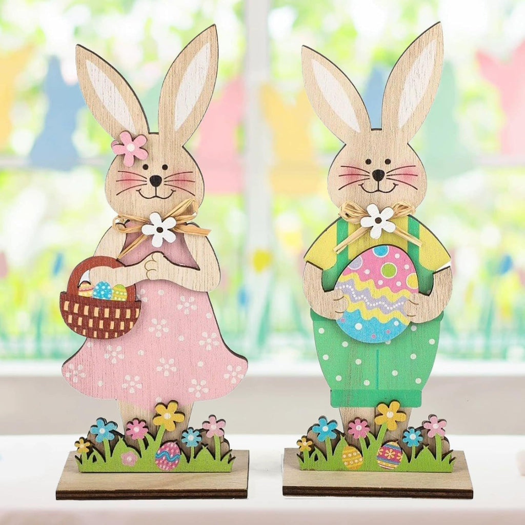 Skiennix Easter Wooden Bunny Tabletop Decorations - Colorful Standing Rabbit Figurines | Spring Centerpiece
