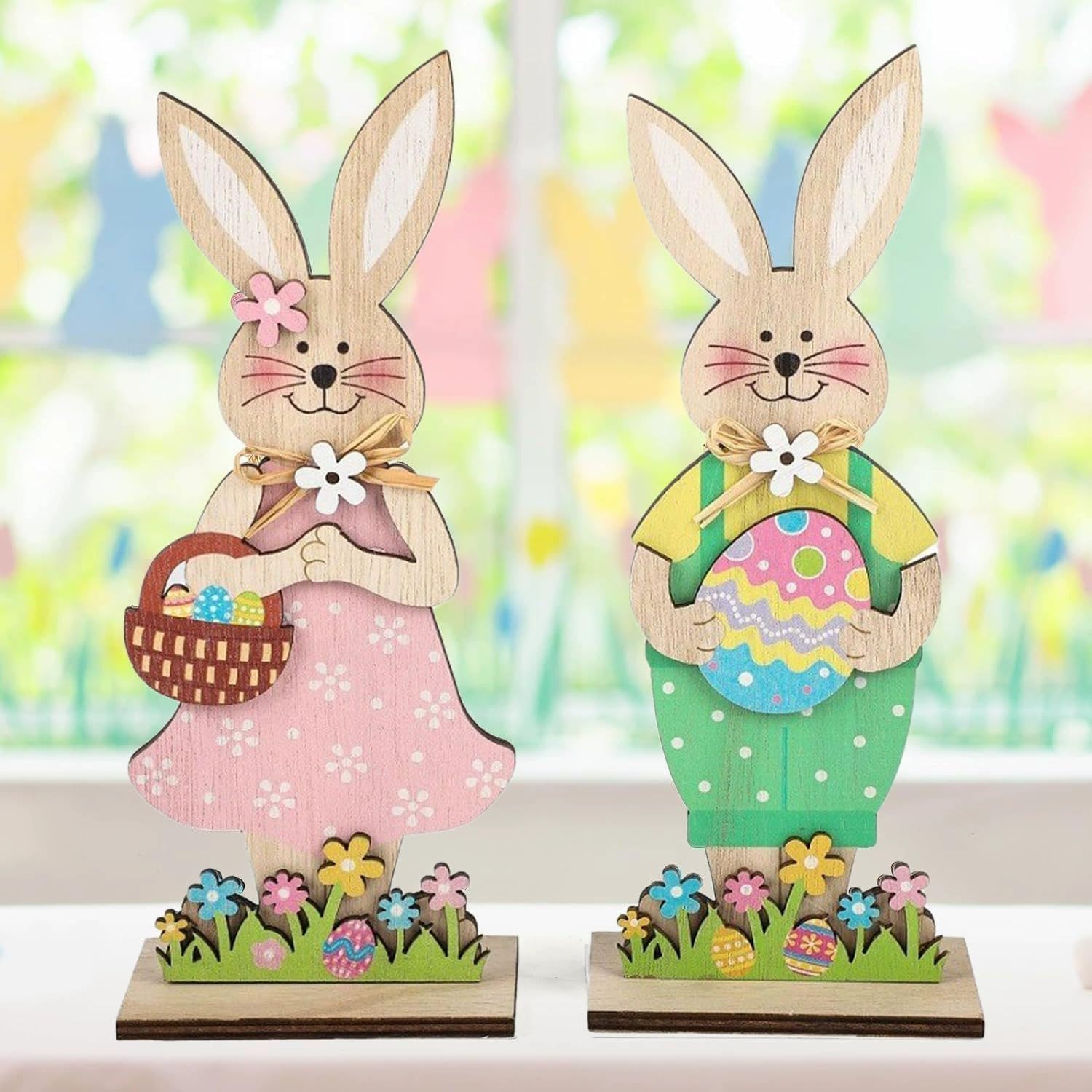 Skiennix Easter Wooden Bunny Tabletop Decorations - Colorful Standing Rabbit Figurines | Spring Centerpiece