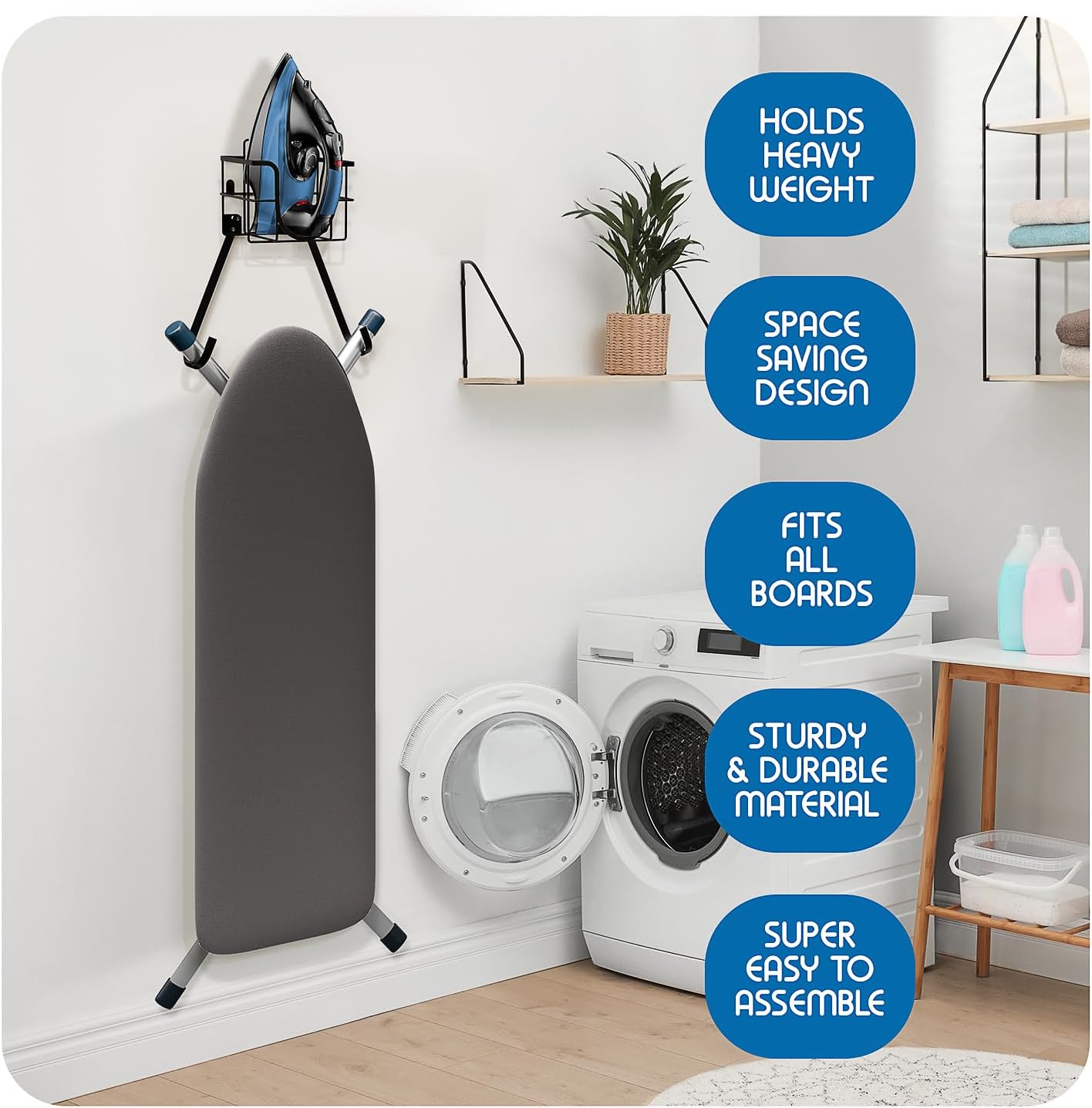 T&V Shaped Ironing Board Holder - Wall Mount & Over The Door Hanger | Heat Reflective Cover & Pad Set