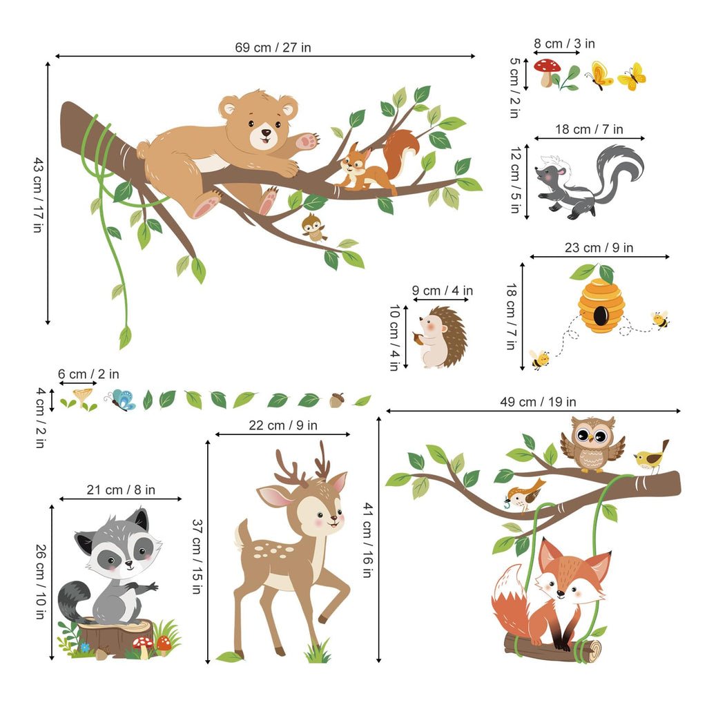 decalmile Woodland Animals Tree Branch Wall Decals Forest Animals Bear Deer Fox Wall Stickers Living Room Baby Nursery Kids Room Wall Decor