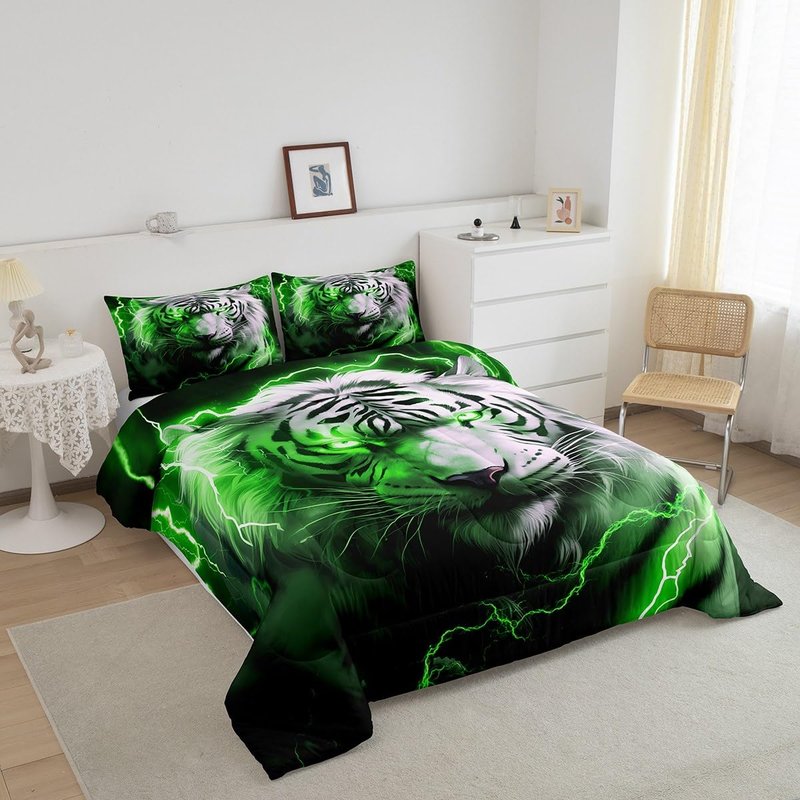 Castle Fairy 3D Tiger Comforter Set Queen Size,Neon Green Lightning Bedding Set White Black Tiger Wild Animals Quilt Set 3Pcs for Kids Boys Teens Adult Room Decor, Duvet Insert,2 Pillowcases