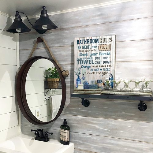 Rustic Bathroom Rules Sign - Navy Blue Wall Art, 16x24 inch Framed Modern Artwork for Toilet & Laundry Room Decor