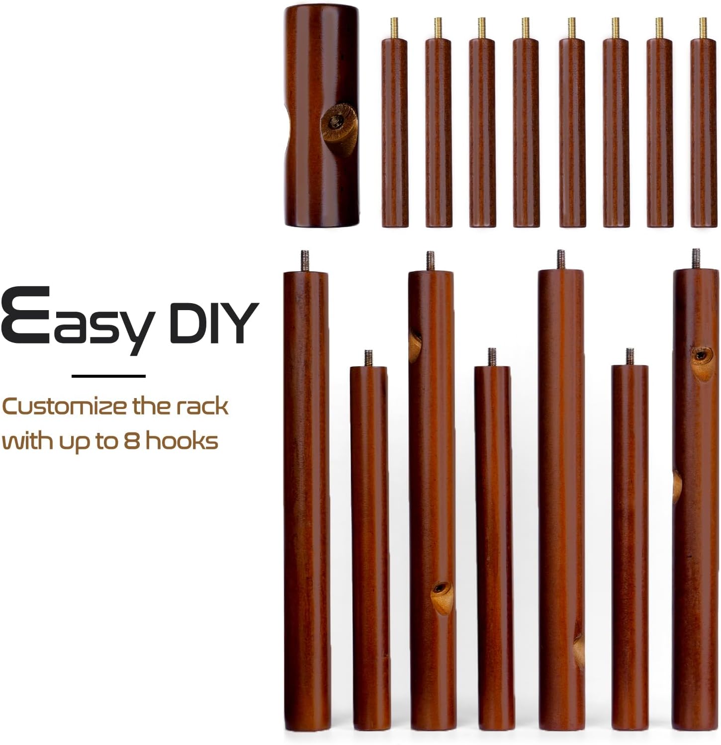 Skiennix Solid Wooden Coat Rack - Freestanding New Zealand Pine Coat Tree with 8 Hooks | Adjustable Sizes for Coats, Hats, and Handbags (Brown)