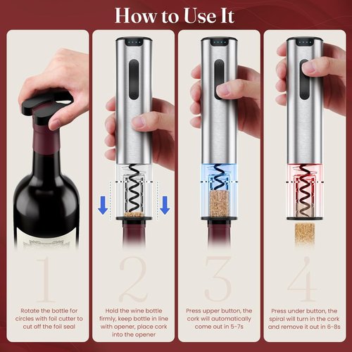 HomeHacks Electric Wine Opener - Automatic with Foil Cutter & Vacuum Stopper | Rechargeable Gift for Wine Lovers