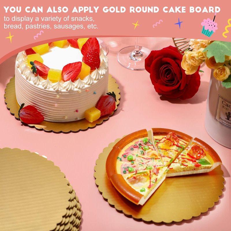 Eaasty 100 Pack Gold Cake Boards Round Cake Base Boards Disposable Plate Scalloped Bases Round Coated Circle Trays Base for Dessert Party Supplies(8 Inch)
