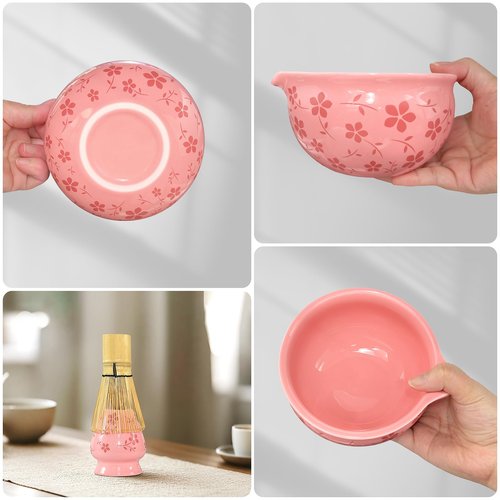 Matcha Whisk Set Pink,Cute Ceramic Matcha Kit Includes Matcha Bowl,Bamboo Whisk and Holder, Scoop Rest,Sifter and Tea Towel,Mini Matcha Can,Gifts and Ceremony Set for Macha Lovers.(Pink)
