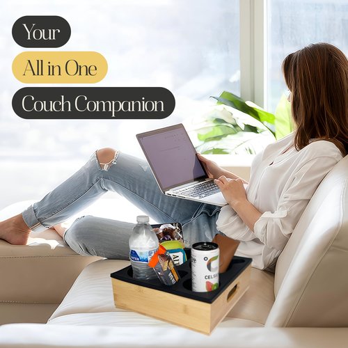Bamboo Couch Cup Holder – 100% Wood Frame & Removable BPA-Free Silicone – Waterproof Anti-Spill Couch Tray & Couch Caddy for Bed, Sofa & Car Seat – Holds Snacks, Beverages & Remote