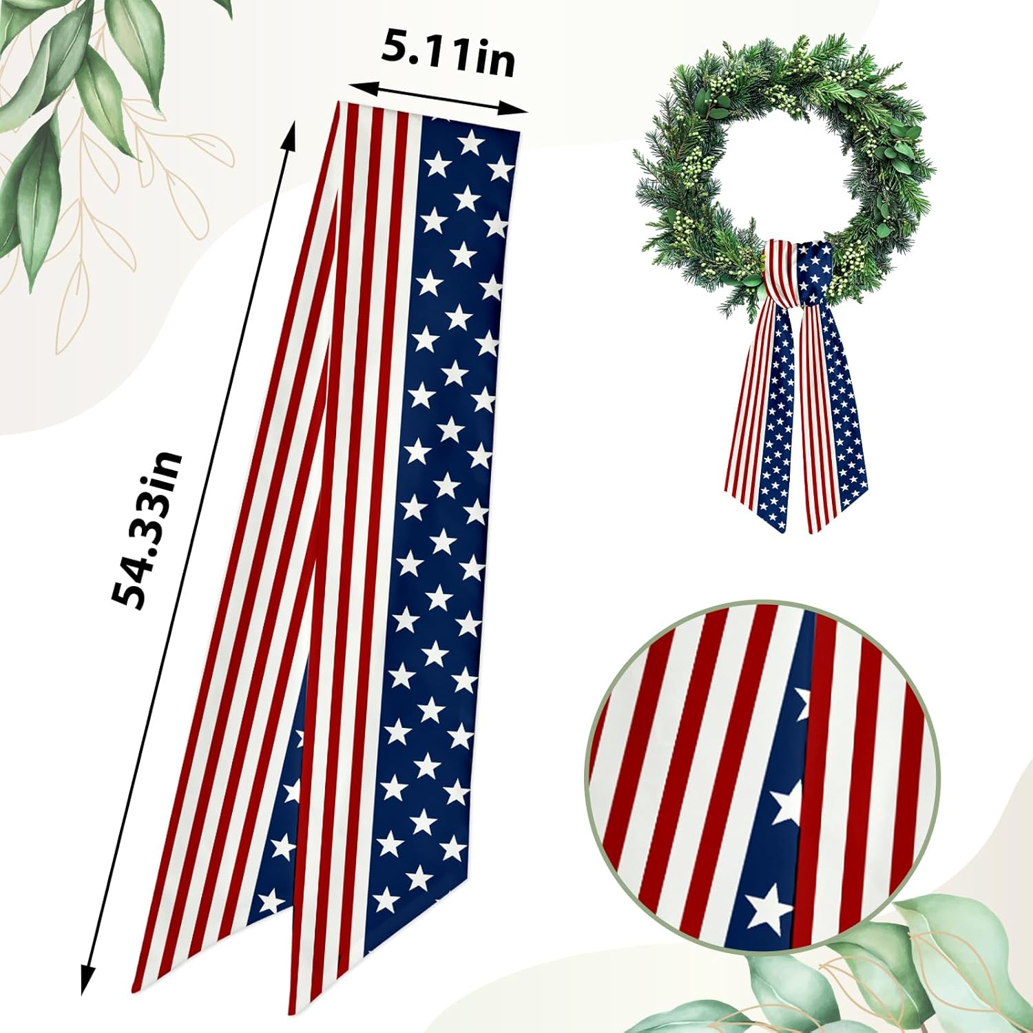 Patriotic Wreath Sash - Red & White Striped Satin Ribbon | 5.1 x 54.3" Indoor/Outdoor Decor