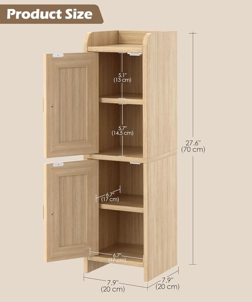 Akxomel Rattan Bathroom Cabinet - 2-Door Narrow Storage Unit for Small Spaces | Natural Oak, 7.9''D x 7.9''W