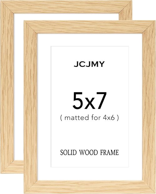 JCJMY 5x7 Solid Wood Picture Frame Set of 2 - Display 4x6 with Mat or 5x7 Without Mat, Natural Finish