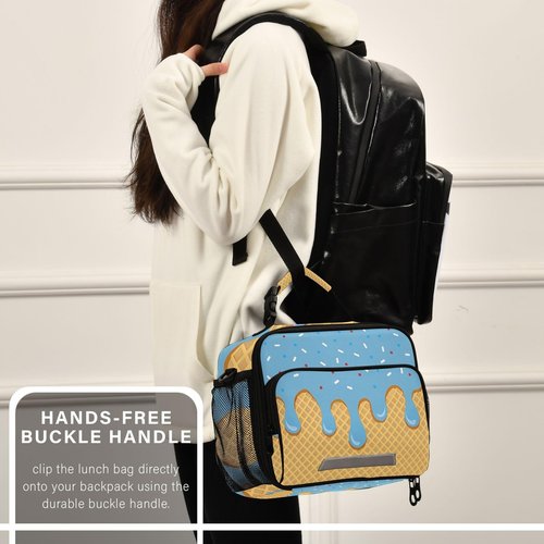 ALAZA Blue Ice Cream Lunch Box for Girls Kids Insulated Lunch Bag Boys Lunchbox Reusable Cooler Tote Freezable Shoulder Strap for School Picnic