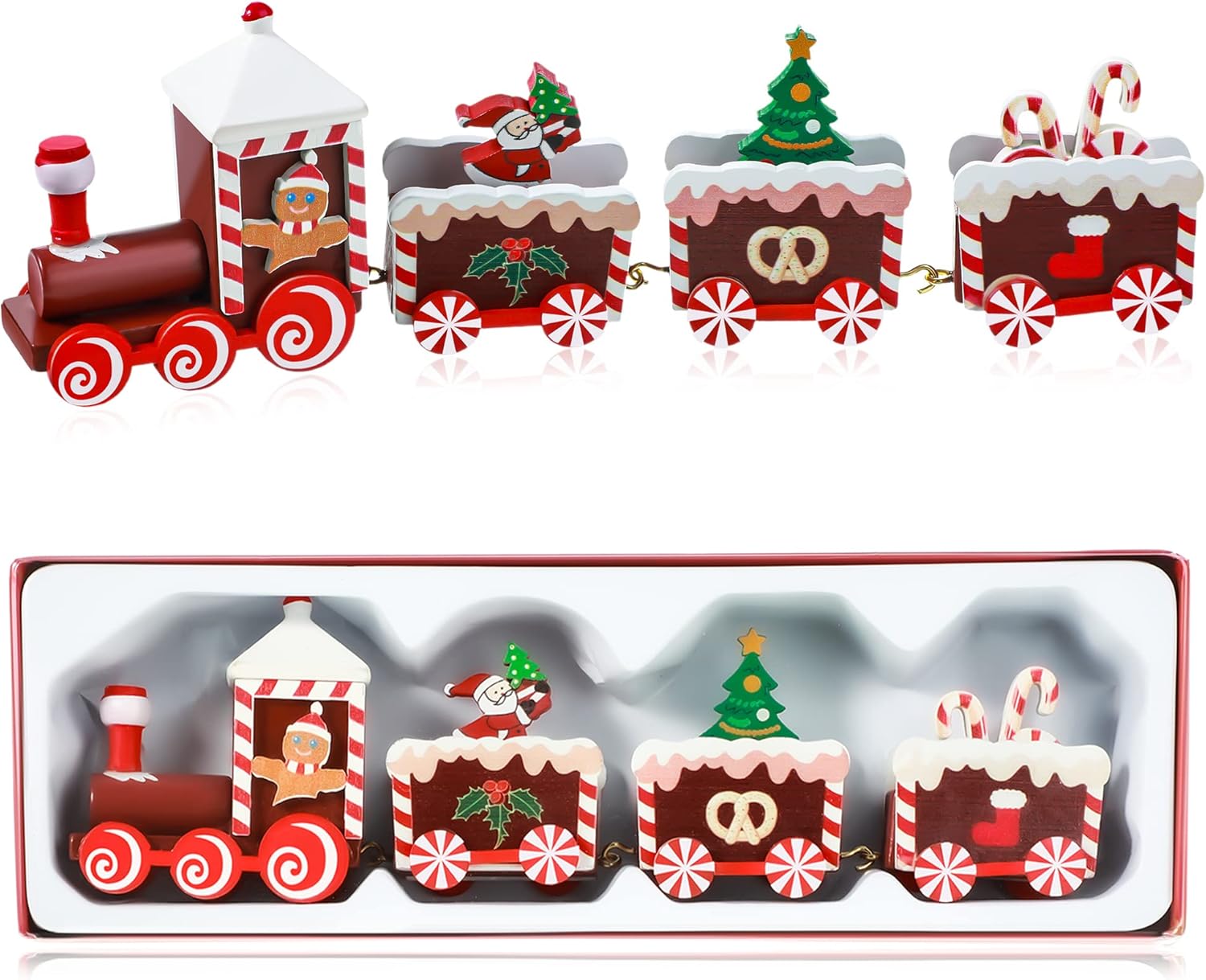 Yulejo Christmas Train | Painted Wooden Decoration for Mini Tree | Santa Claus Red Ornament