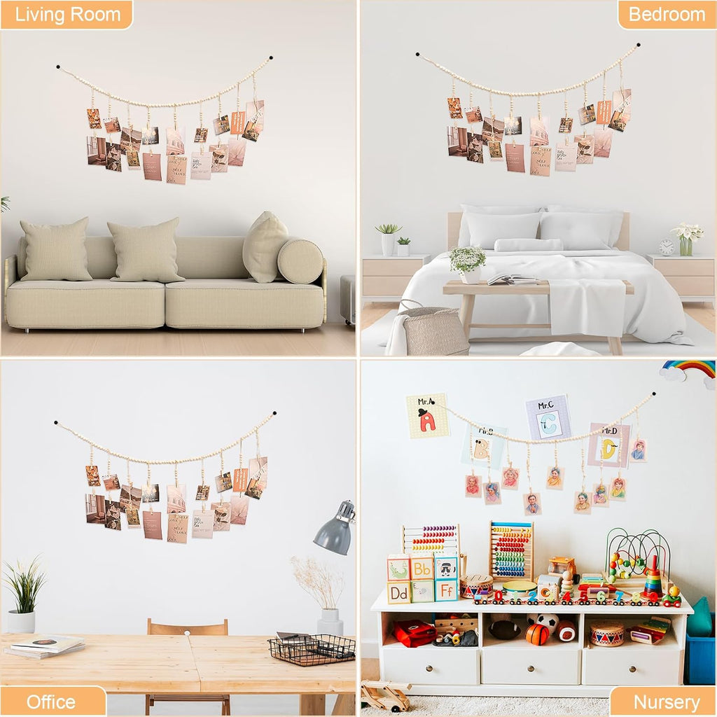 Skiennix Hanging Photo Display - 18 Wood Clips for Boho Wall Décor | Perfect for Bedroom & Living Room