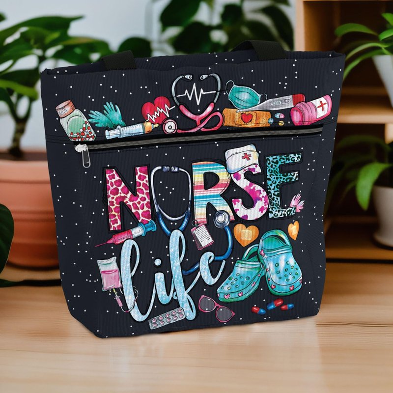 84hoods Aesthetic Tote Bag for Women and Girls. Cute Graphic Nurse Life Tools Large Shoulder Bag 15 inch with Pockets and Zipper for Work. Waterproof Grocery Bag. Gift for Nurse.