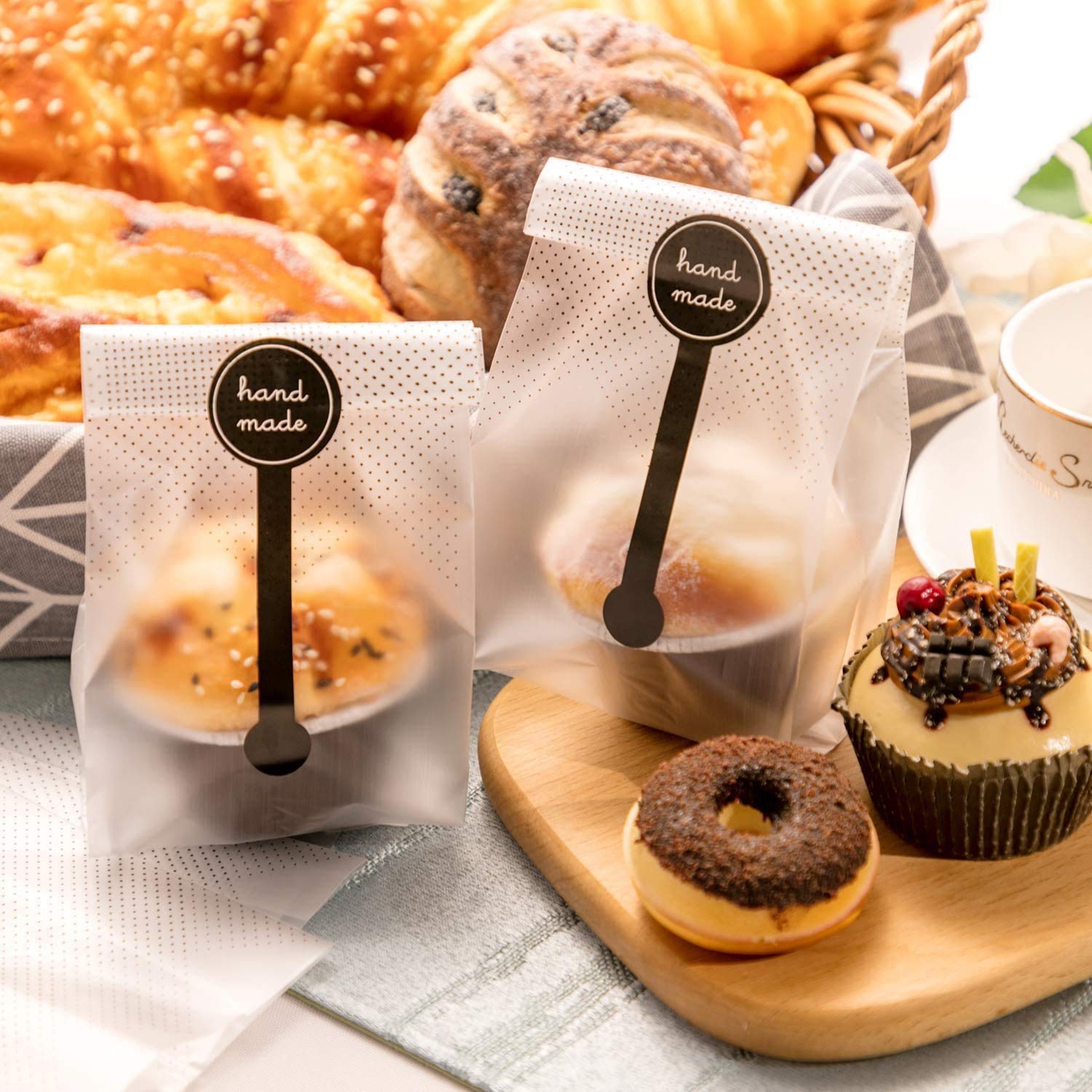 Palksky (400Pcs)200pcs Translucent Plastic Bags/Bakery Bags with 200pcs Handmade Stickers for Muffin Cookie Cake Chocolate Candy Snack Wrapping Bakery Packaging