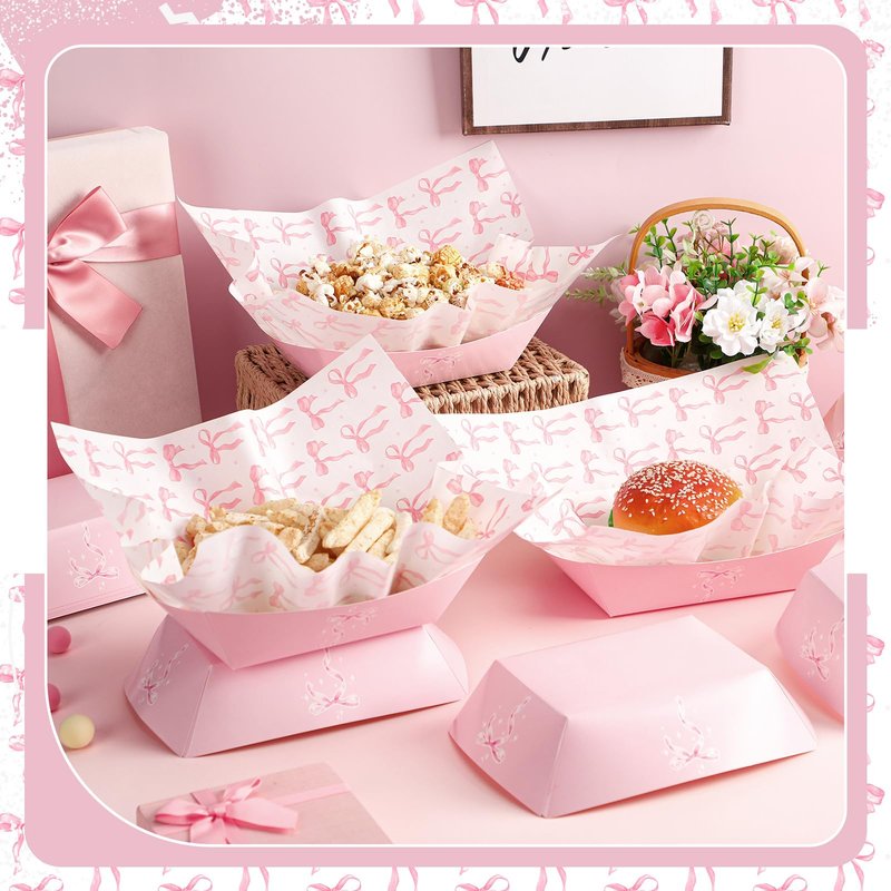 Geosar 100 Pcs Coquette Bow Paper Food Trays Bulk Bow Party Supplies Birthday Decor Disposable Food Boat Trays with Wax Paper Sheet Wrapping for Wedding Bridal Party Supplies(Pink)