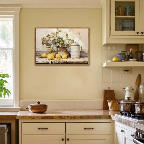 XLARTMY Framed Vintage Kitchen Wall Art, Yellow Lemon Still Life Wall Art Oil Paintings, Rustic Farmhouse Artwork Canvas Posters Prints Pictures for Living Room Bedroom 16x24In