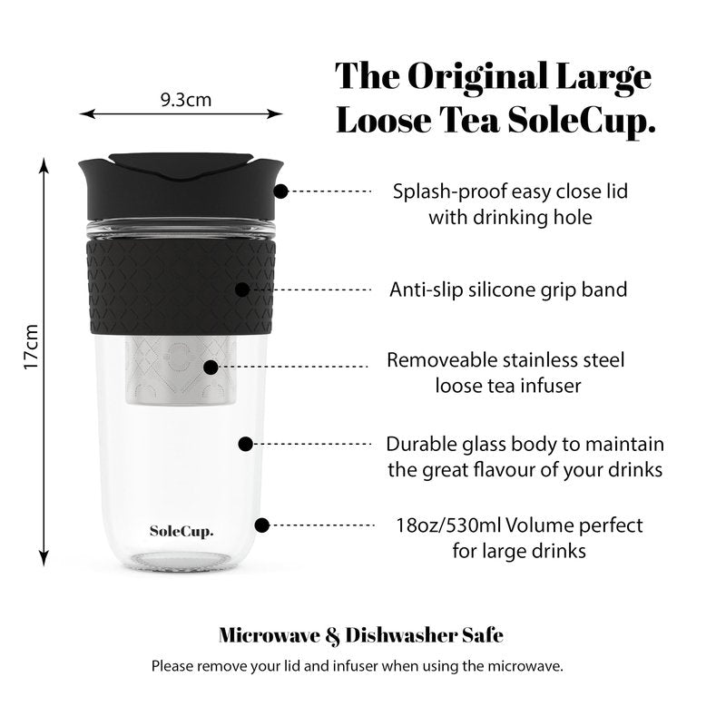 SoleCup. Large Travel Mug Loose Tea Infuser - Detachable Tea Strainer with Spill Proof Lid - 18oz/530ml BPA-Free Reusable Glass Travel Coffee Cup with Silicone Band (Black, 18oz)