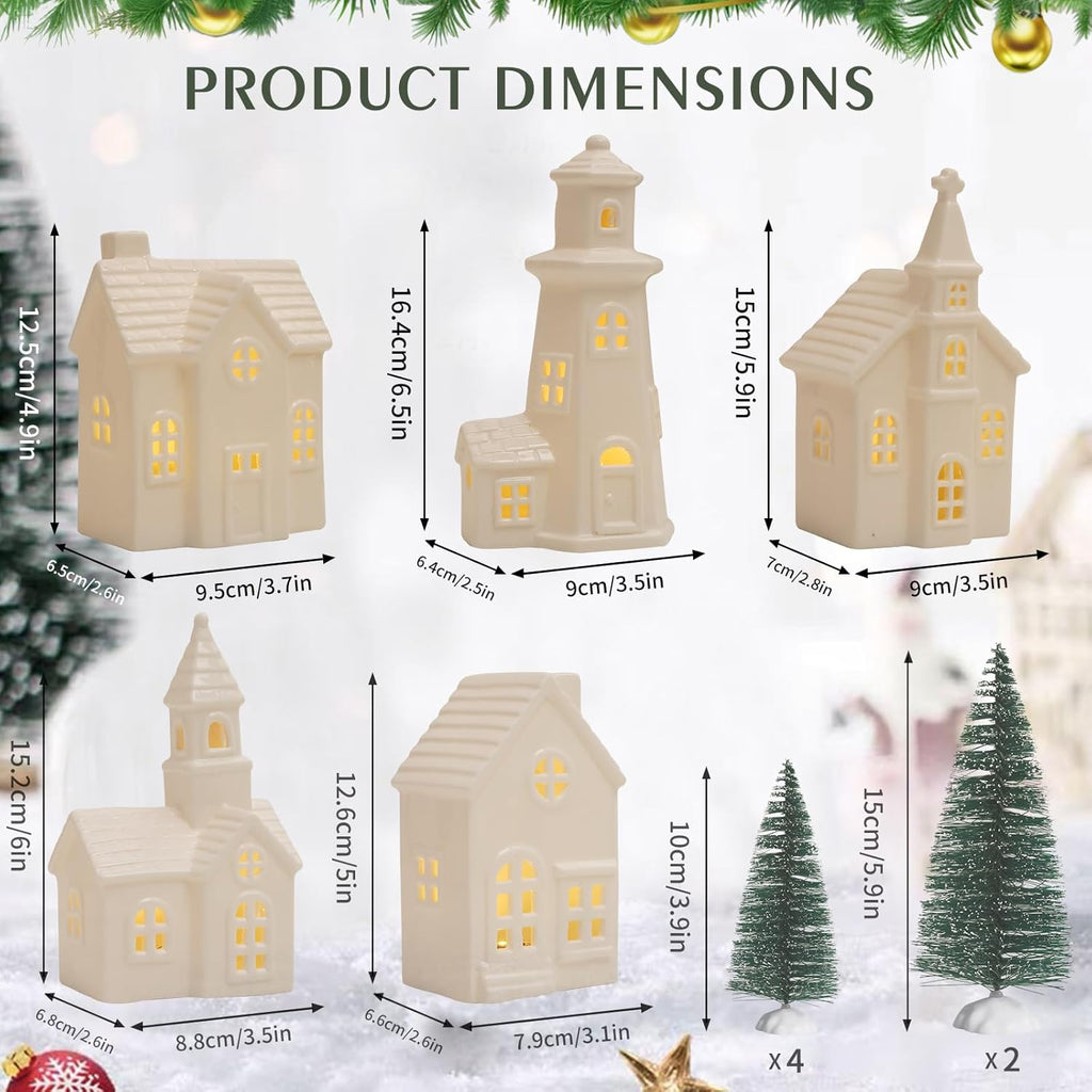 Skiennix 11-Piece White Ceramic Christmas Village Set - Light-Up Porcelain Houses with Timer for Festive Home Decor