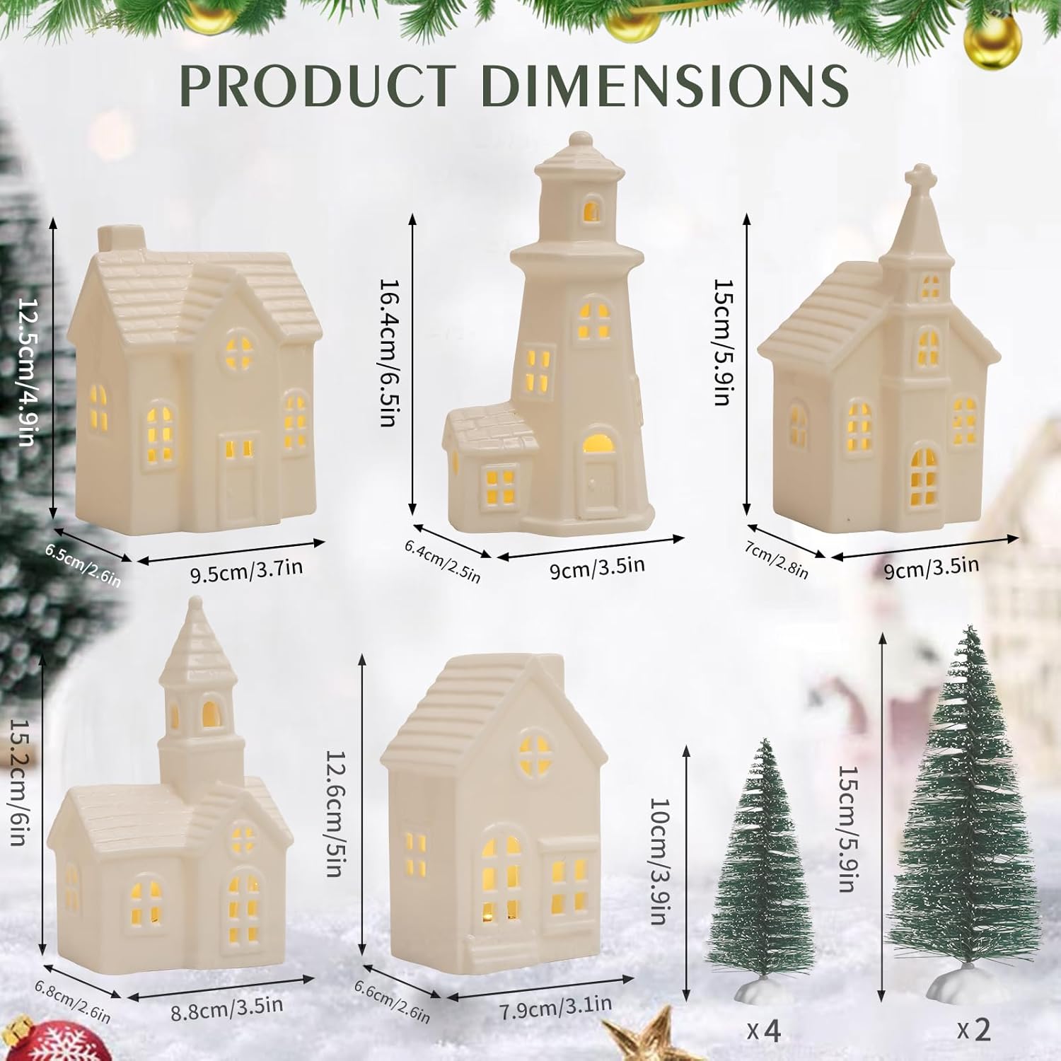Skiennix 11-Piece White Ceramic Christmas Village Set - Light-Up Porcelain Houses with Timer for Festive Home Decor