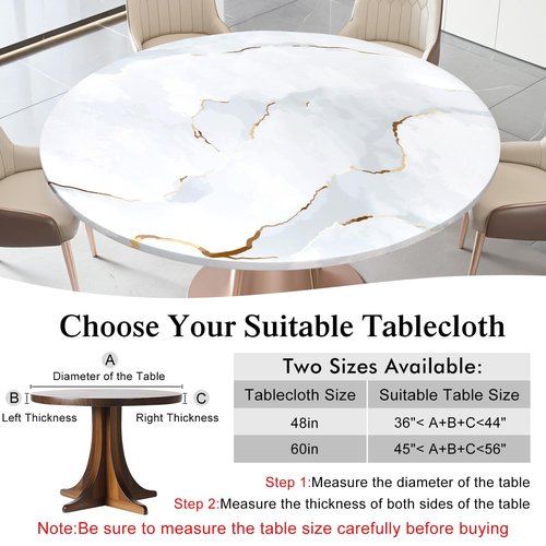 Betylifoy Round Vinyl Fitted Tablecloth with Elastic Edge Waterproof Table Cloth White Marble Wipeable Table Cover Fits 45"-56" Round Tables for Dining Picnic Camping