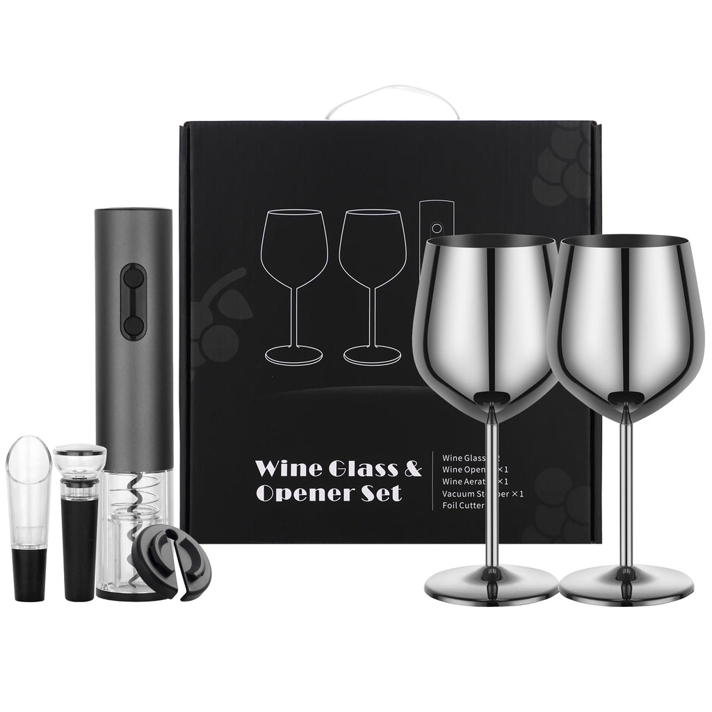 Electric Wine Opener Set Rechargeable, Automatic Corkscrew Kit, Including Stainless Steel Wine Glass of 2, Silver, Ideal Gift for Wedding, Wine Lover, Birthday, Girl, Men