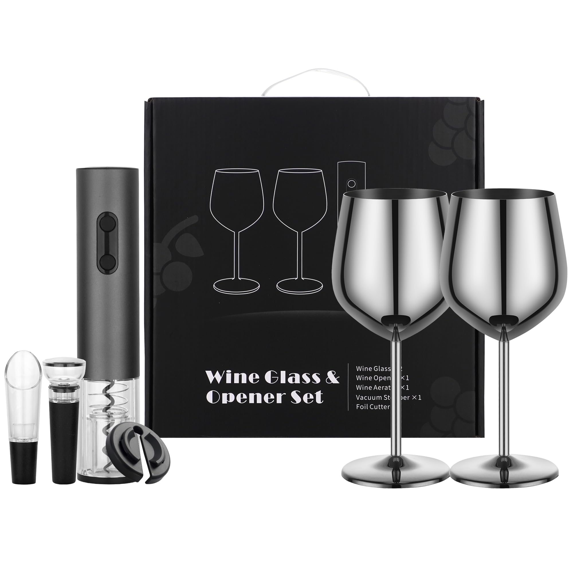 Electric Wine Opener Set Rechargeable, Automatic Corkscrew Kit, Including Stainless Steel Wine Glass of 2, Silver, Ideal Gift for Wedding, Wine Lover, Birthday, Girl, Men