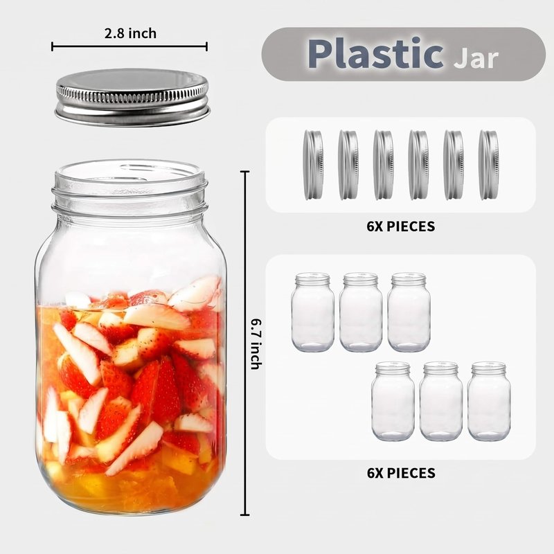 novelinks 32 oz Plastic Mason Storage Jars with Lids, 6 Pack BPA-Free Clear Plastic Jars with Lids 32oz, Leak-Proof Plastic Quart Containers for Kitchen and Home Use (Silver)