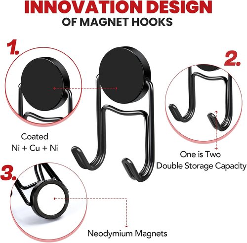 Buelkmag Magnetic Hooks - Heavy Duty 50Lbs+ Magnet Hooks for Outdoor Use | 4 Pack (Black)
